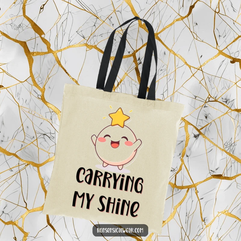 Funny Tote Bag: A cheerful, round character joyfully bouncing a radiant star off its head, perfect for carrying treasures.