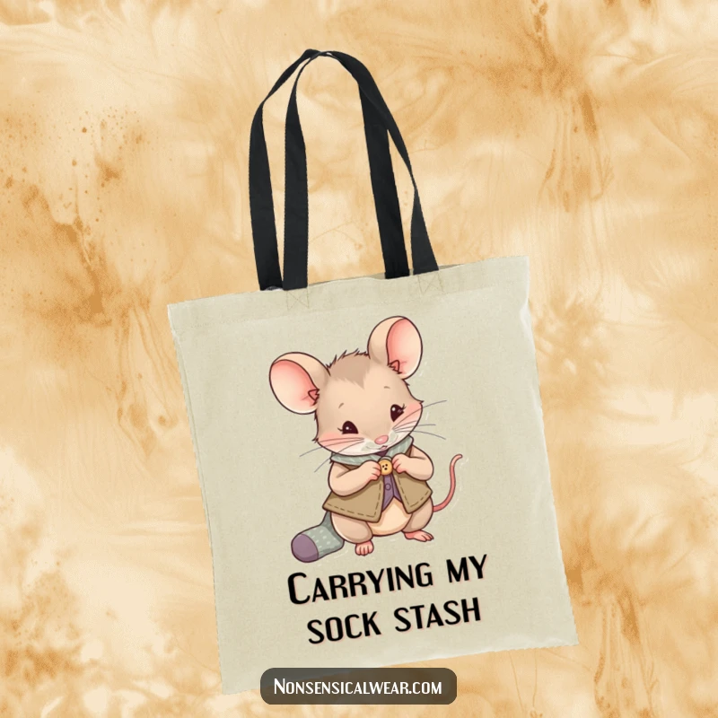 Funny Mouse Tote Bag: A mouse in a vest sews a button onto a sock, a charming and functional accessory for crafters.