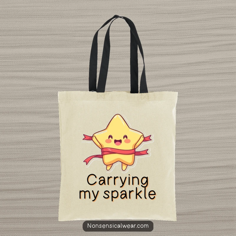 Funny tote bag with a rounded star character gleefully jumping and twirling, a ribbon trailing behind, adding sparkle to your day.
