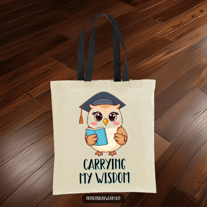 Funny tote bag depicting a round owl in a graduation cap, holding a book, ideal for carrying academic treasures.