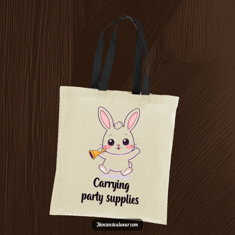 Funny Kawaii Bunny Tote Bag: An excited kawaii bunny bounces, wide-eyed and holding a party horn, ready for events.