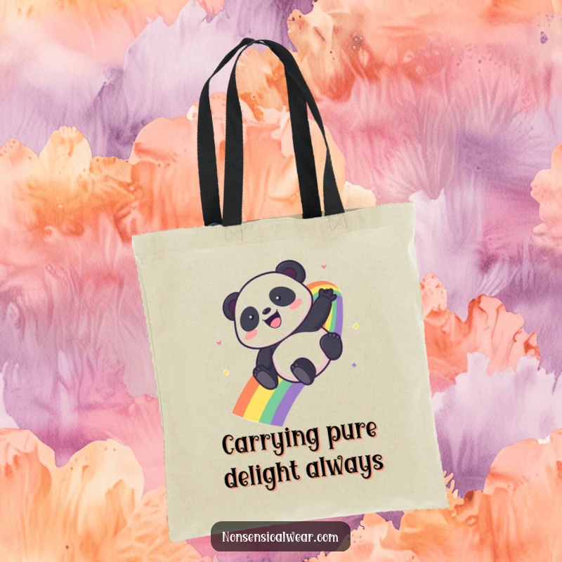 Funny Kawaii Panda tote bag showcasing a happy panda sliding down a vibrant rainbow, ready for adventure.