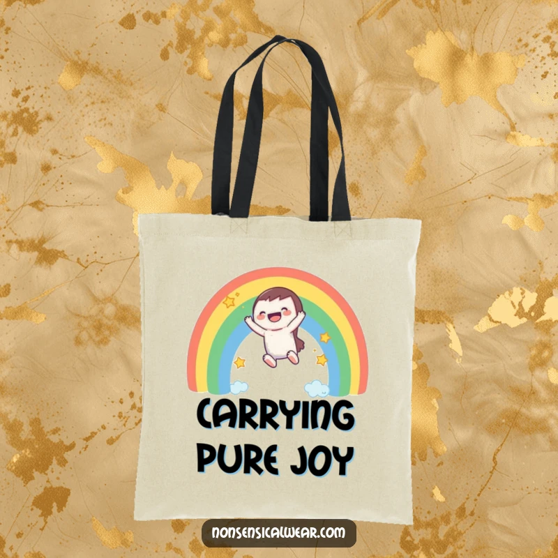 Funny tote bag: a laughing character makes a speedy descent down a bright rainbow, trailing stars.