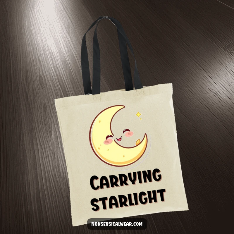 Funny tote bag with a happy crescent moon character winking and spinning, a perfect accessory for carrying essentials with cosmic flair.