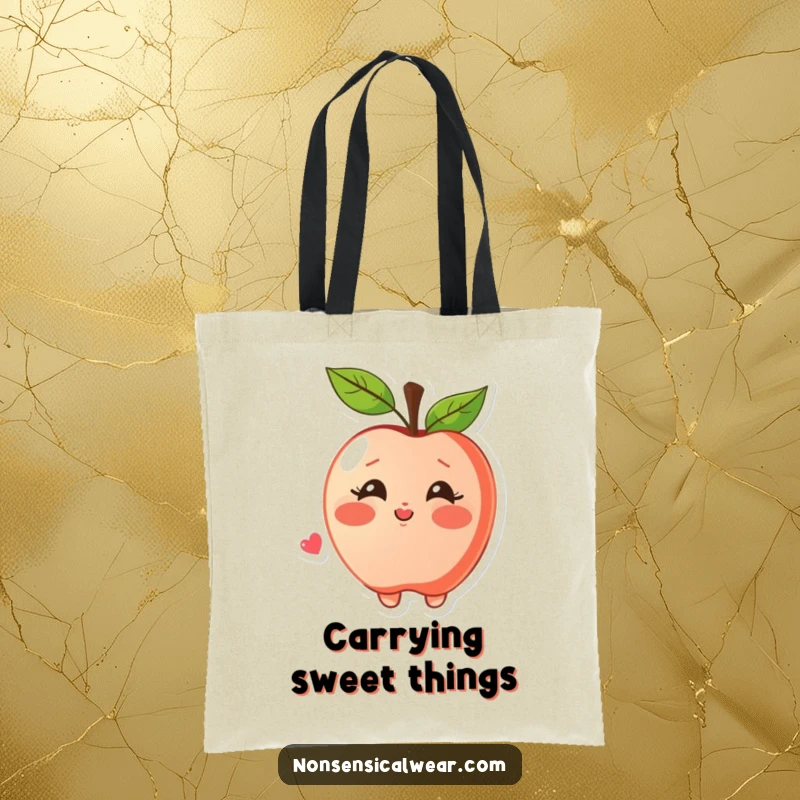 Funny tote bag featuring a blushing apple character joyfully blowing a kiss, perfect for carrying items with a sweet sentiment.