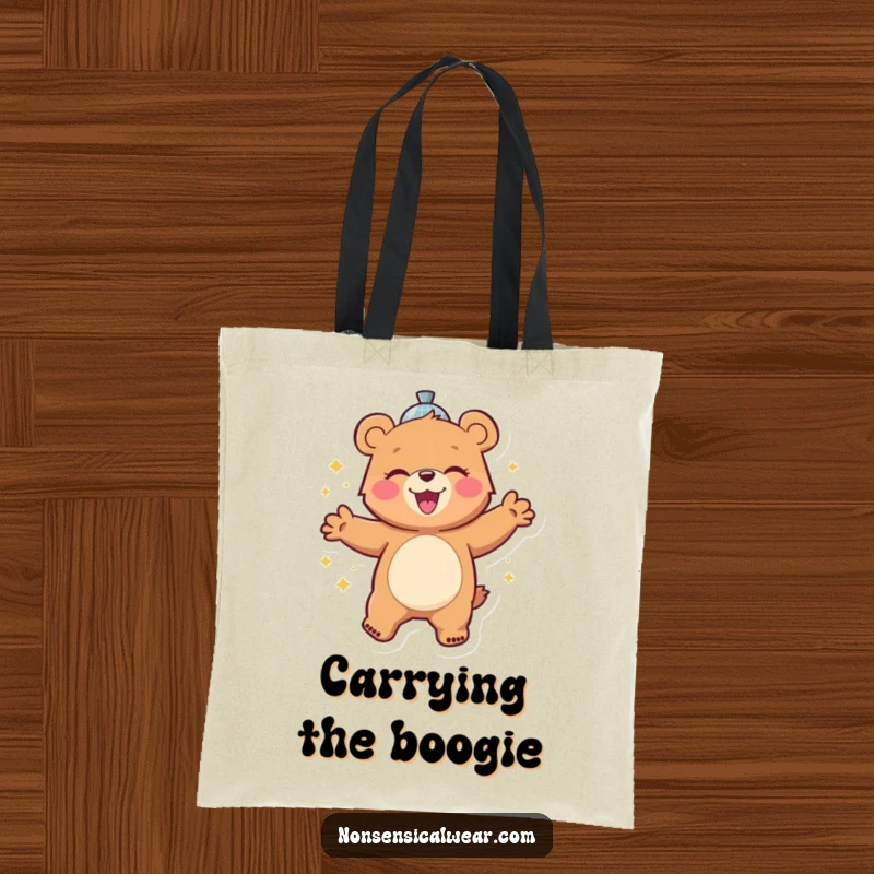 Funny tote bag with a cheerful bear character gleefully dancing with a disco ball, carrying a touch of party energy everywhere.