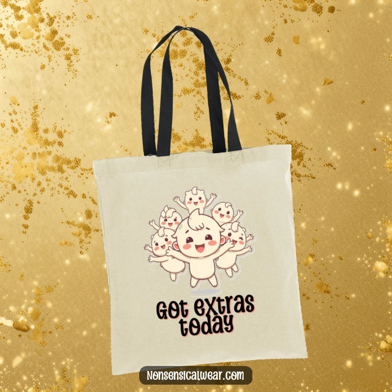 Funny tote bag showing a happy character creating multiple bouncing copies of itself, symbolizing fun and energy, perfect for carrying essentials with personality.