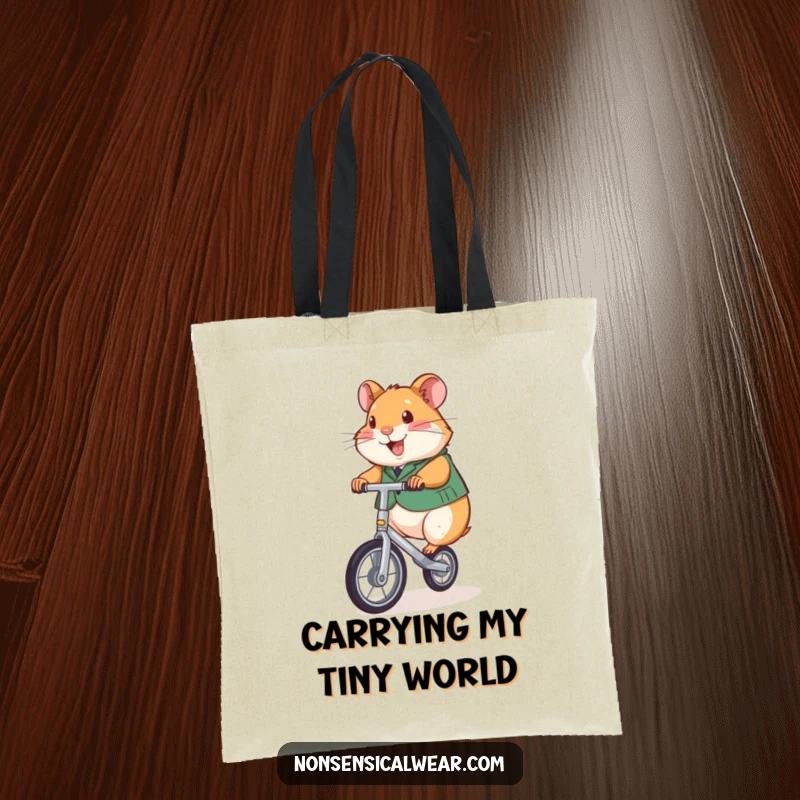 Funny tote bag illustration of a smiling hamster in a vest, riding a unicycle with incredible balance.