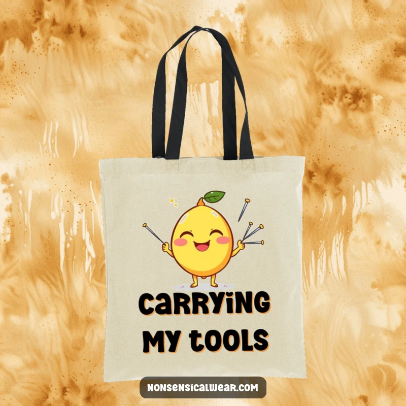 Funny tote bag showcasing a happy lemon character with a silly grin, juggling sharp sewing needles, ready for errands.
