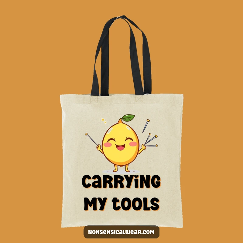 Funny Happy Lemon Juggling Needles Tote Bag: Quirky Citrus Carryall