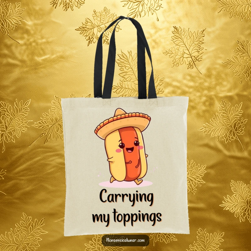 Funny hot dog tote bag illustration of a cheerful hot dog in a sombrero tripping over its bun.