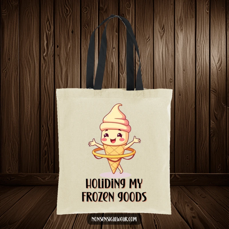 Funny smiling ice cream cone character spinning a hula hoop on a durable tote bag, a hilarious and practical accessory.