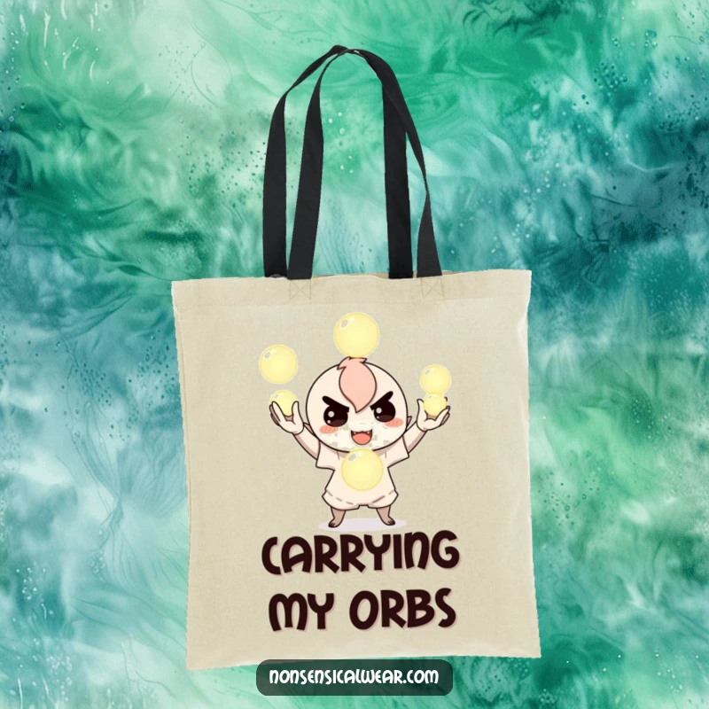 Funny tote bag depicting a mischievous character juggling three illuminated orbs, perfect for carrying essentials with a magical and playful flair, a great bag.
