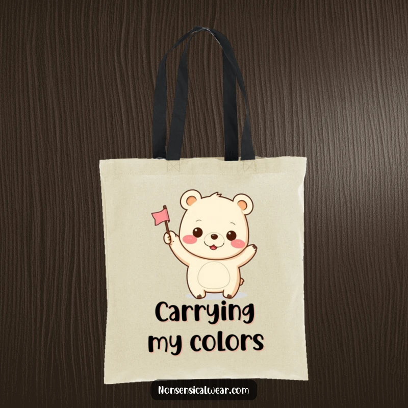 Funny Kawaii Bear Tote Bag: A cheerful kawaii bear happily waves a small flag, perfect for carrying daily essentials with joy.