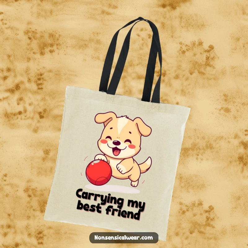 Funny Kawaii Dog Tote Bag: An excited kawaii dog joyfully chases a bright red ball, great for errands.