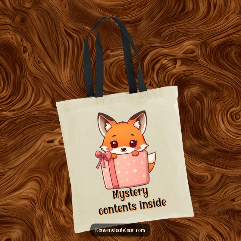 Funny kawaii fox peeking from behind a giant, festive gift, a charming and humorous design on this tote bag, perfect for shoppers.