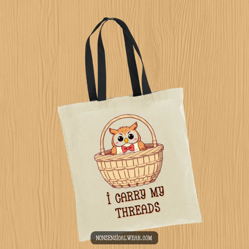 Funny Owl Tote Bag: A charming owl in a bow tie emerges from a sewing basket, a practical and humorous accessory.