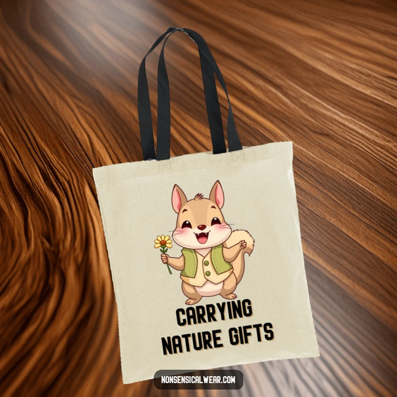 Funny squirrel in a vest offering a flower, designed on a tote bag for a humorous and practical accessory.