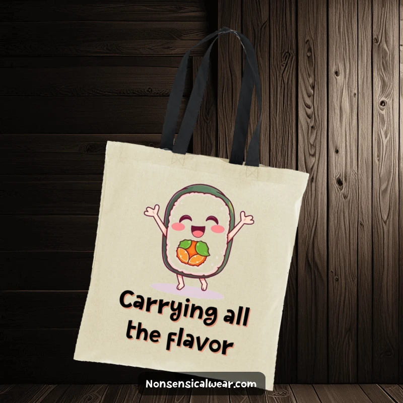 Funny tote bag featuring a delighted sushi roll character doing a joyful dance, perfect for food lovers on the go.