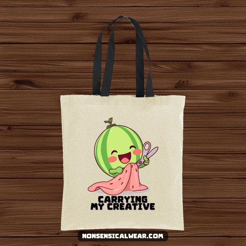 Funny watermelon character enthusiastically cutting fabric with scissors on a durable tote bag, perfect for crafters.