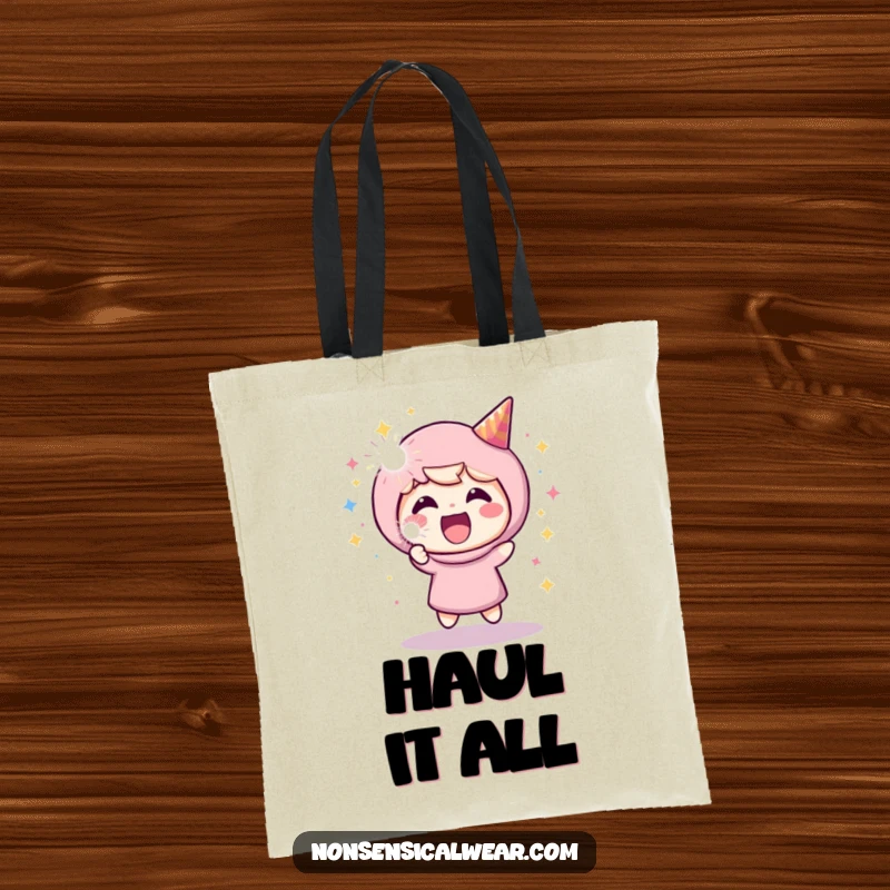 Funny tote bag depicting a happy character joyfully launching a vibrant party popper, perfect for carrying essentials with a smile.