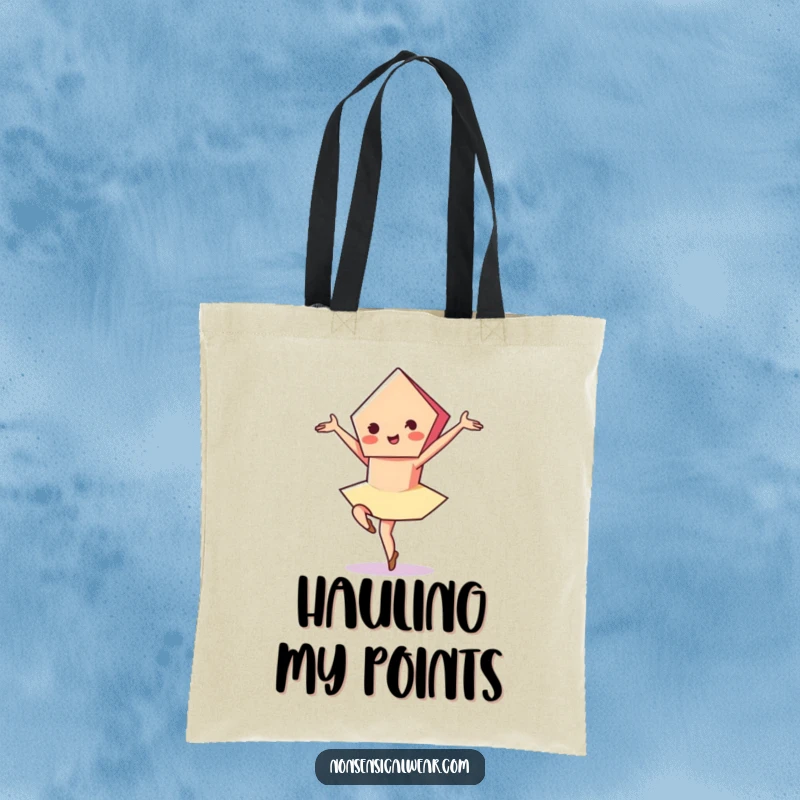 Funny tote bag with a vibrant pentagon character performing a graceful pirouette, perfect for carrying essentials with elegance.