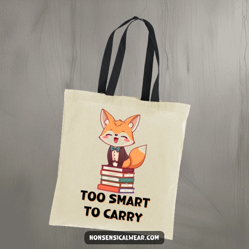 Funny tote bag illustration of a giggling fox in a vest and bow tie, balancing on books.